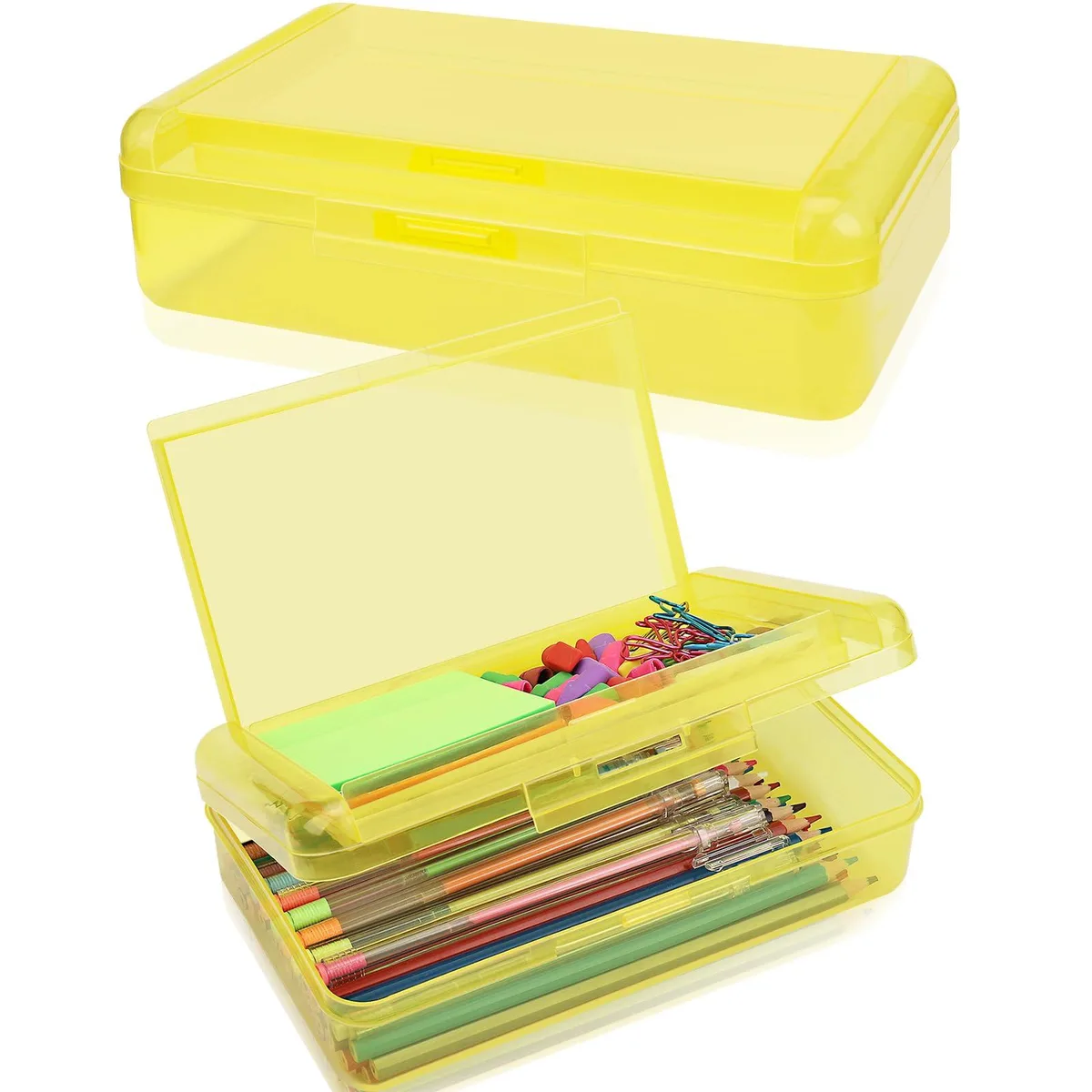 Amber yellow double-layer plastic pencil box with snap-tight lid, 8.2 by 4.6 by 2.4 inches