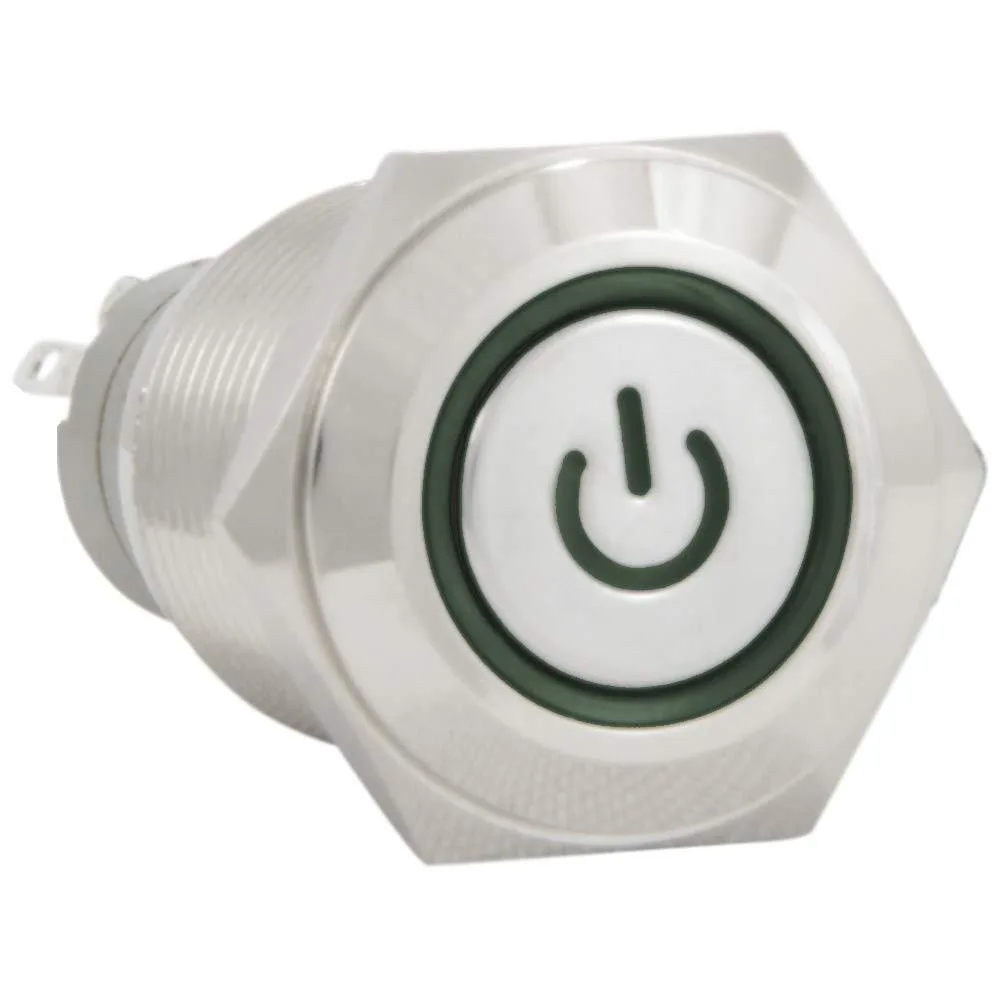 JacobsParts Inc. JacobsParts Inc. LTCH-I3-GRN 16mm 12V Momentary Push Button Disconnect Stainless Steel Green LED IP67 — product photo