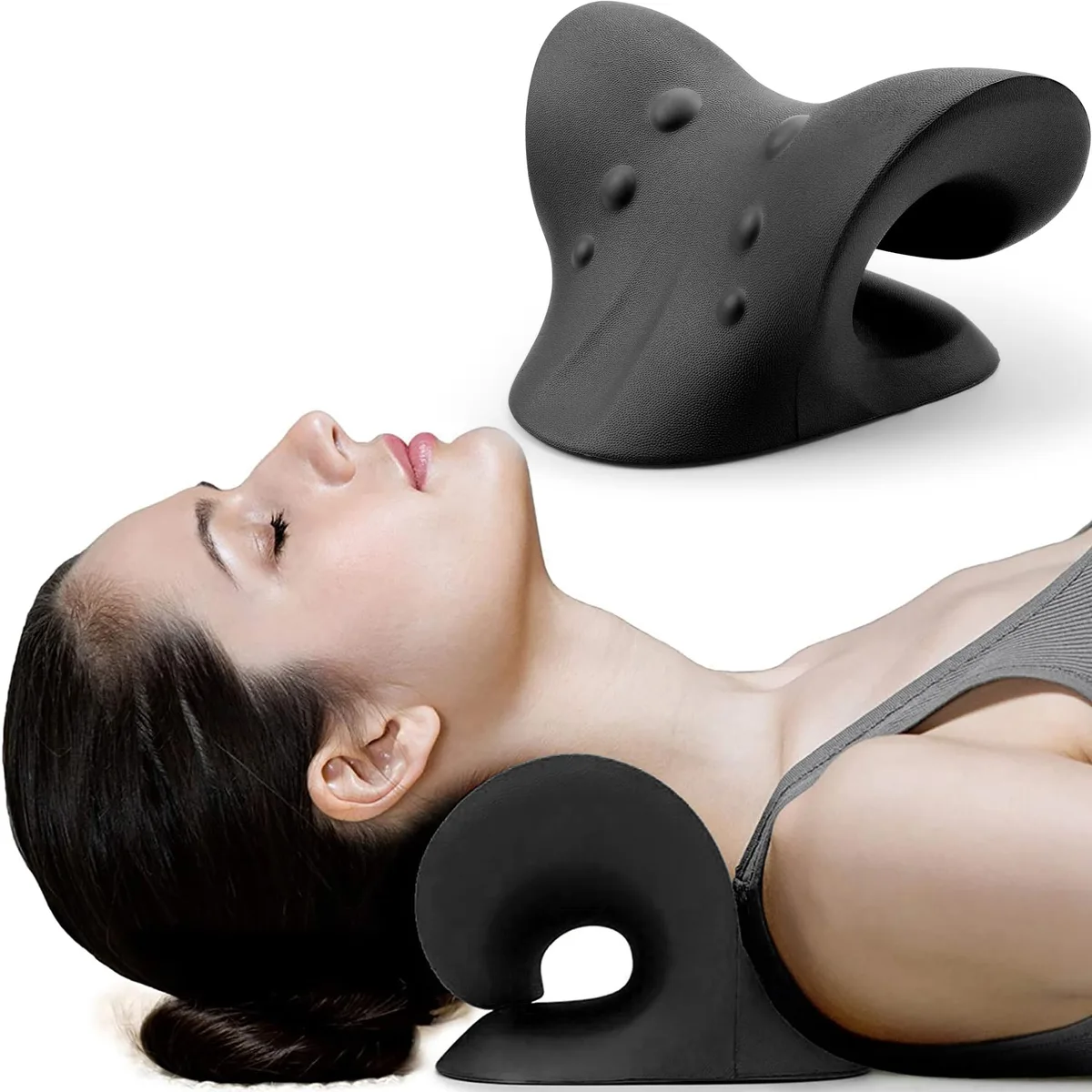 Black curved cervical traction device with massage nodes, pack of 10