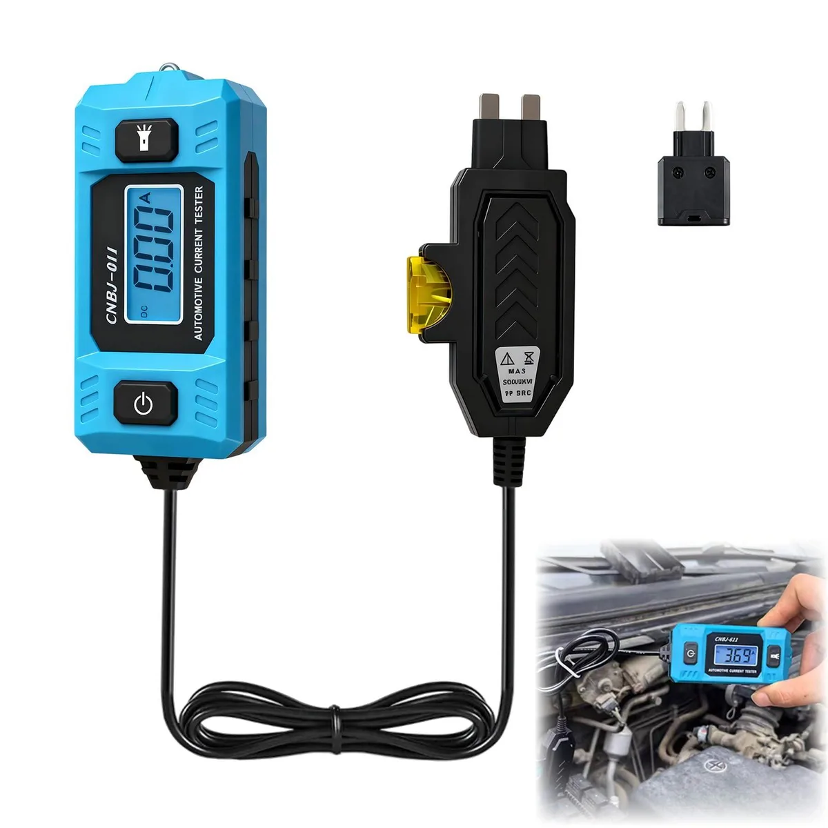Handheld automotive circuit tester with blue backlit LCD display and front light