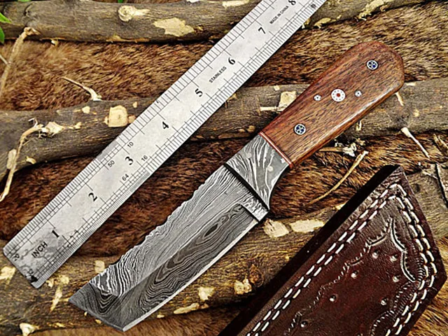Damascus Depot Damascus Depot 8" Hand Forged Damascus Tanto Hunting Knife Rosewood Handle Leather Sheath — product photo