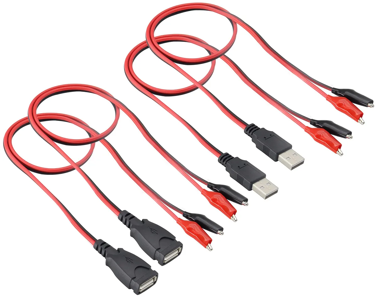 Four USB alligator clip test leads, red and black, 50 cm cables with male and female connectors