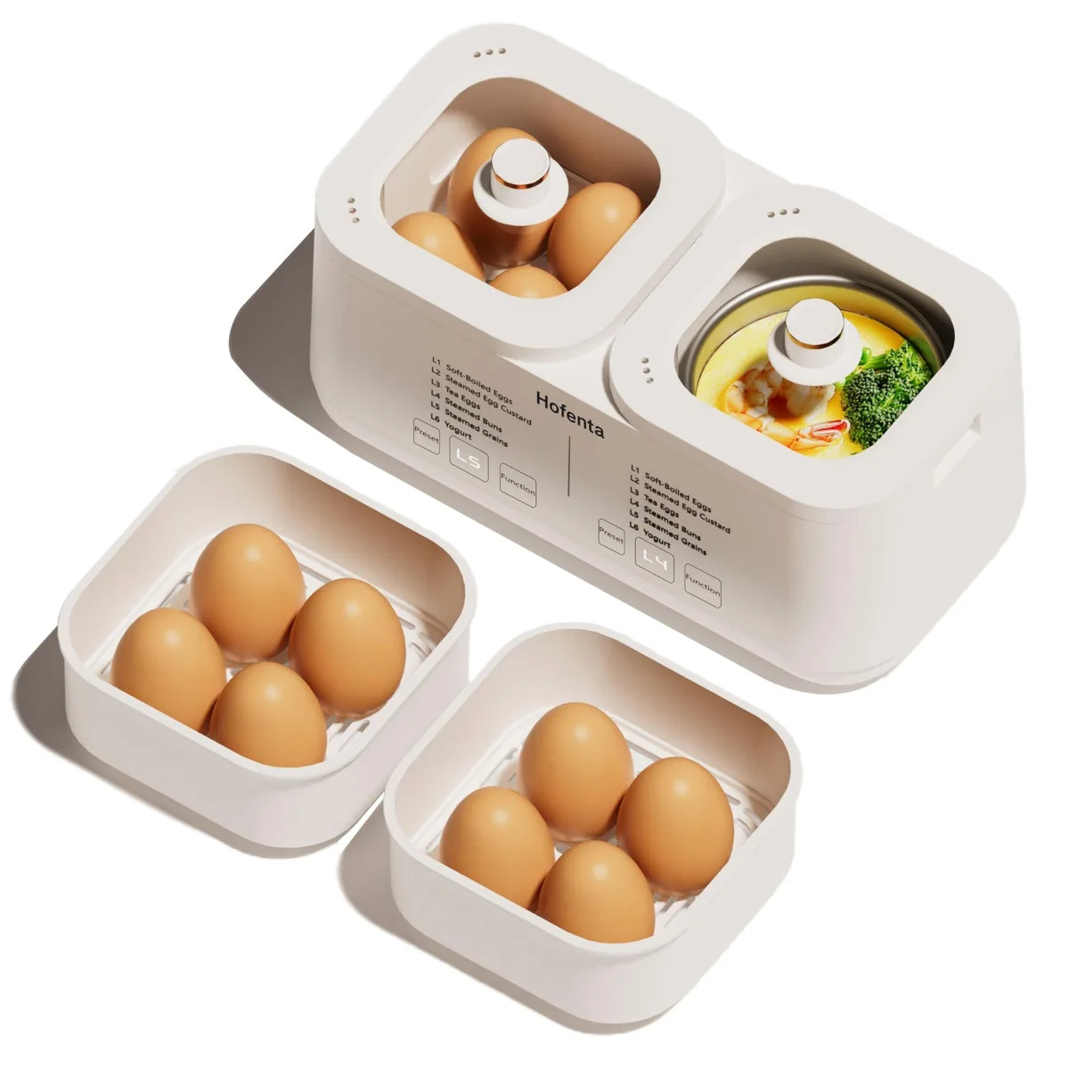 White electric egg cooker with two transparent stacking trays and a timer dial