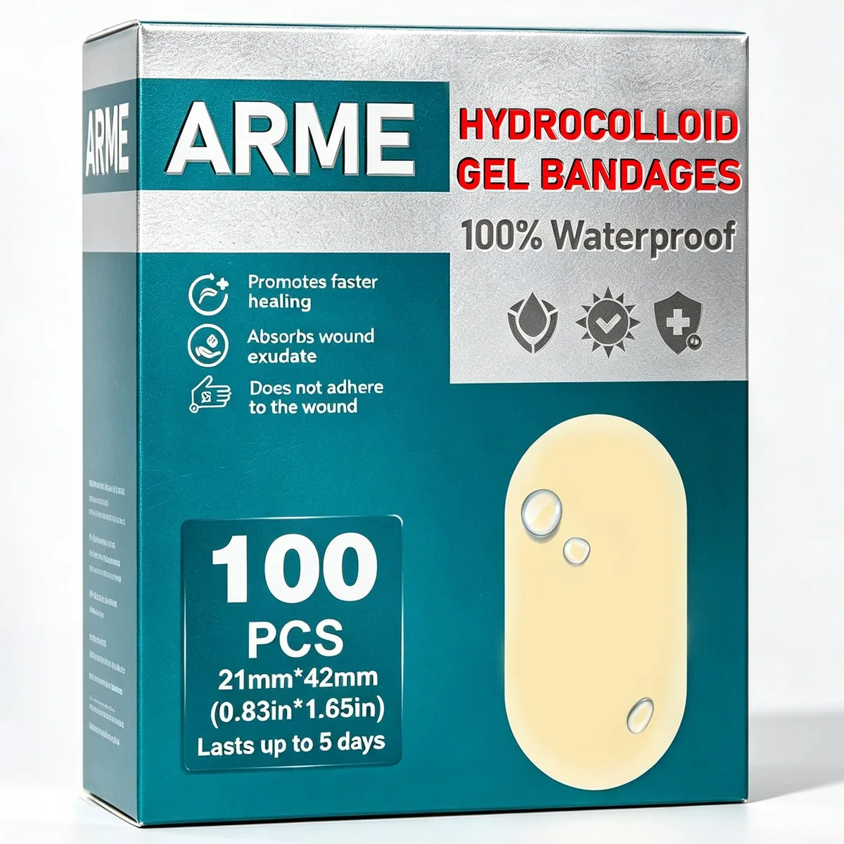 Box of 100 small rectangular hydrocolloid strips in red packaging