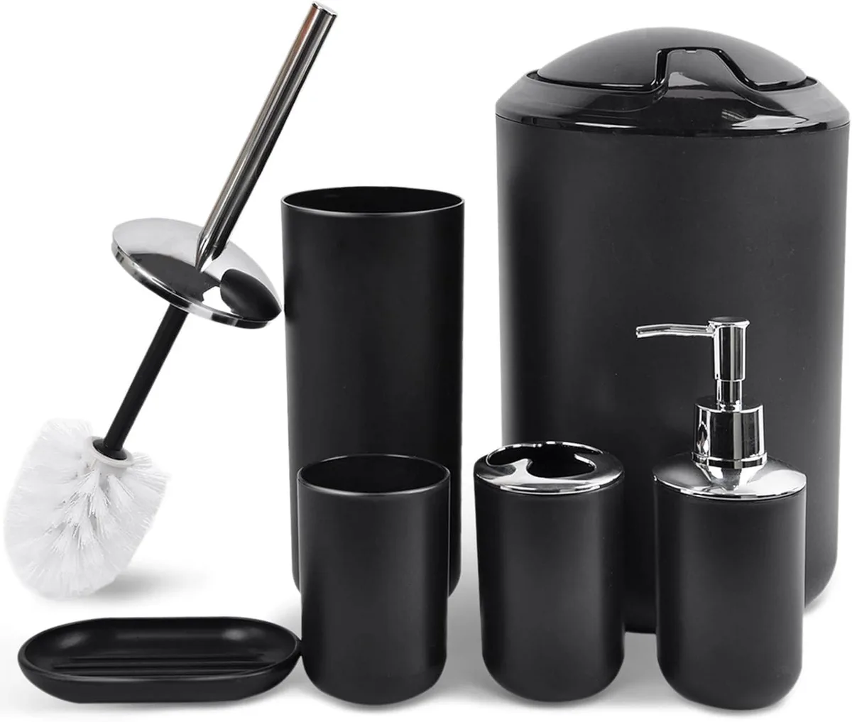 Six-piece shiny black plastic bathroom accessory set on countertop