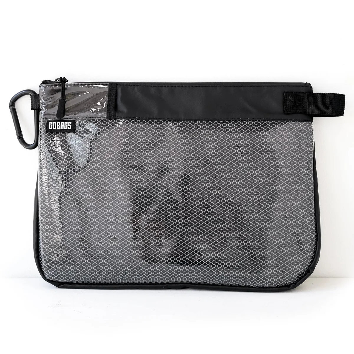 Black polyester organiser bag with transparent front panel, zip closure, internal dividers, 14in wide