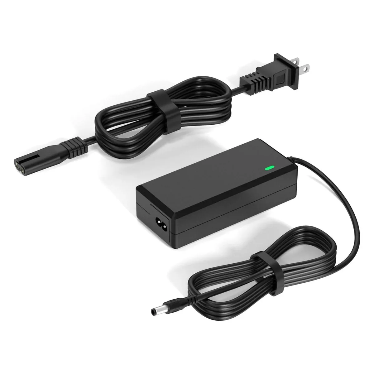 Black rectangular power adapter with barrel connector and short cable