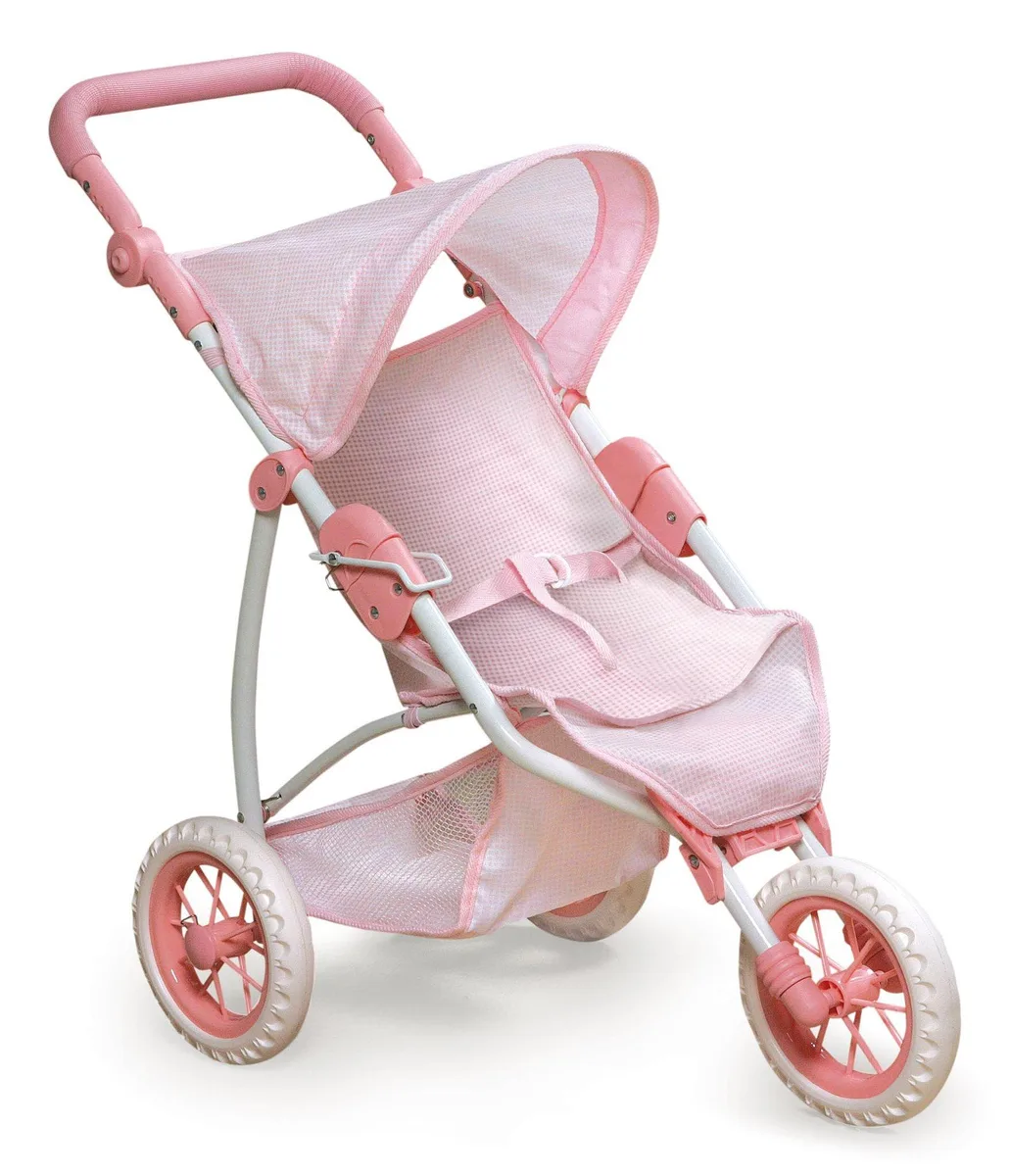 Pink gingham three-wheel doll stroller with adjustable handle and canopy