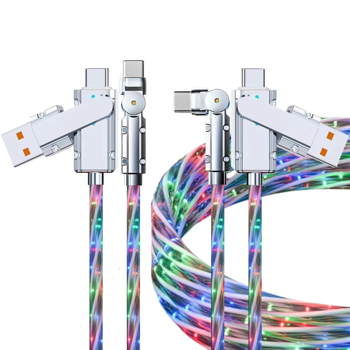 HLWQ Light Up USB-C Cable 2-Pack 5ft RGB Starry Sky 180° Right Angle 66W — product photo