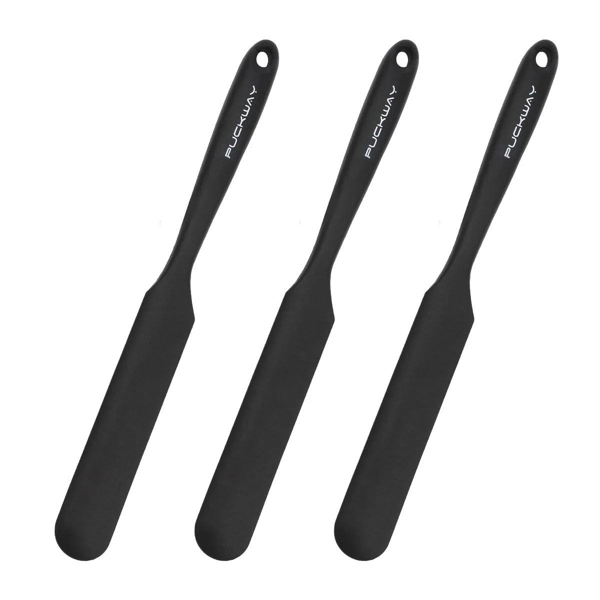 Three black silicone spatulas, 10 inch long narrow heads, seamless one-piece design