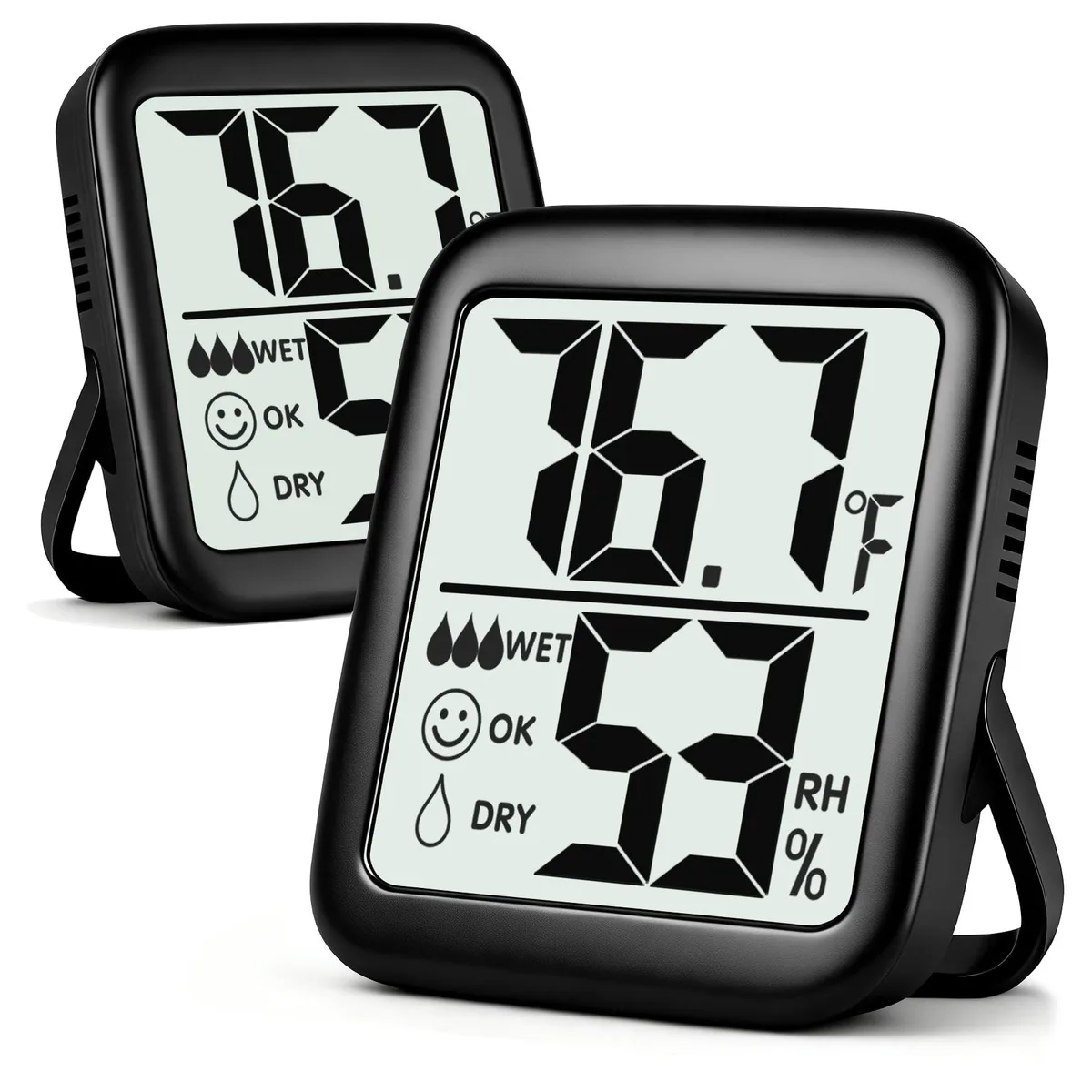 Two compact black thermometer-hygrometers with LCD screens, kickstands and magnetic backs