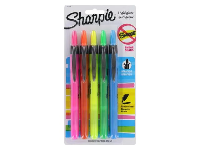 Five retractable highlighters in assorted barrel colors with chisel tips and pocket clips