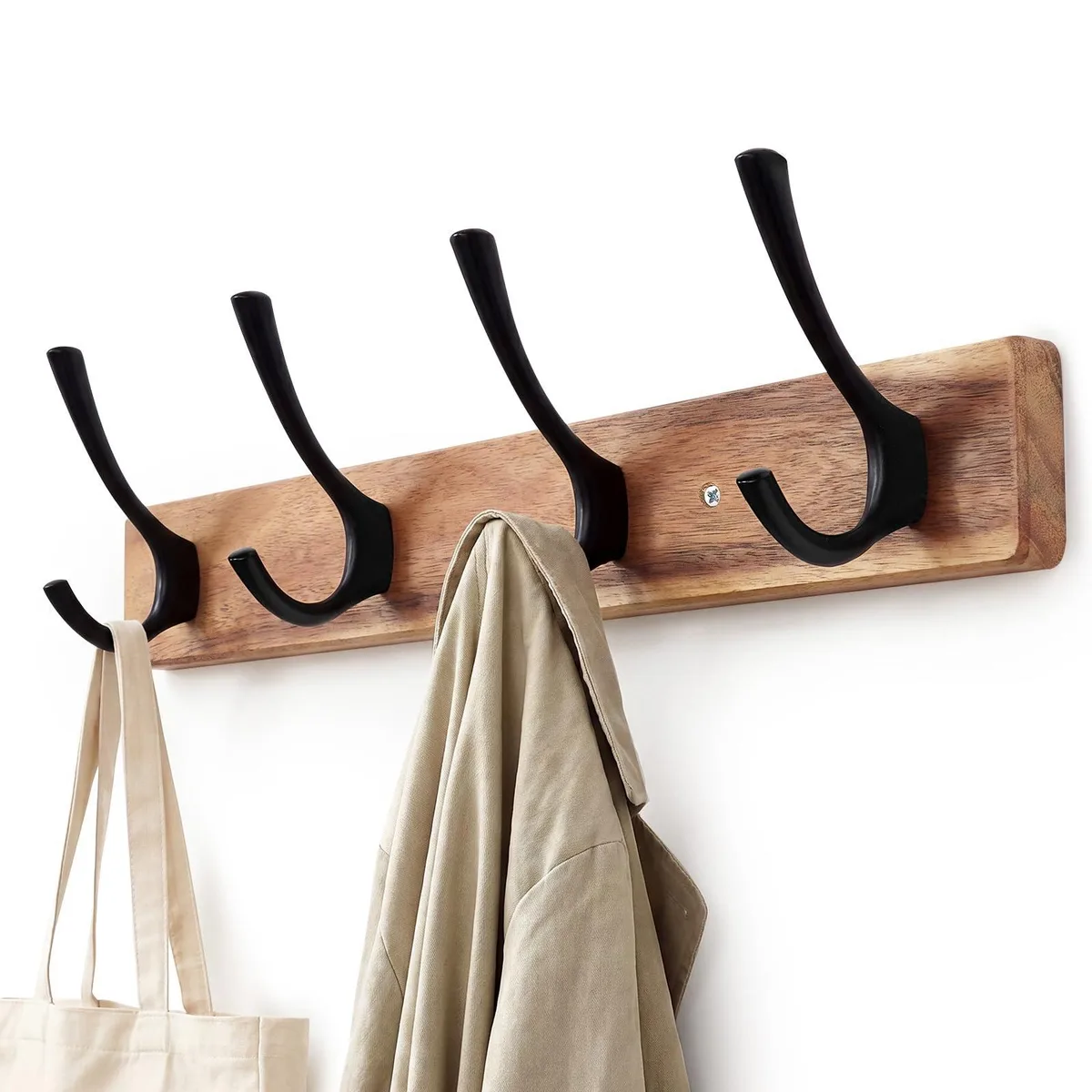 15-inch acacia wood coat rack with four double metal hooks