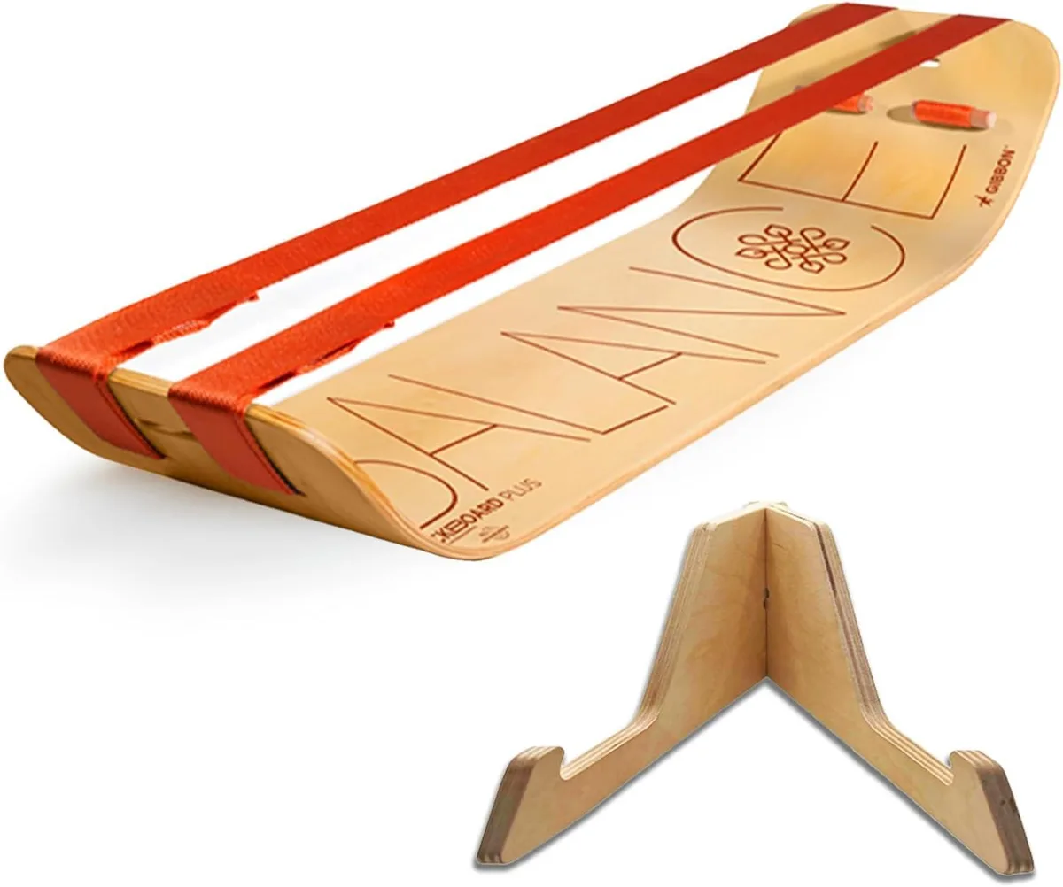 Wooden balance board with cork base and metal stand, 7.75 lbs, supports 400 lbs