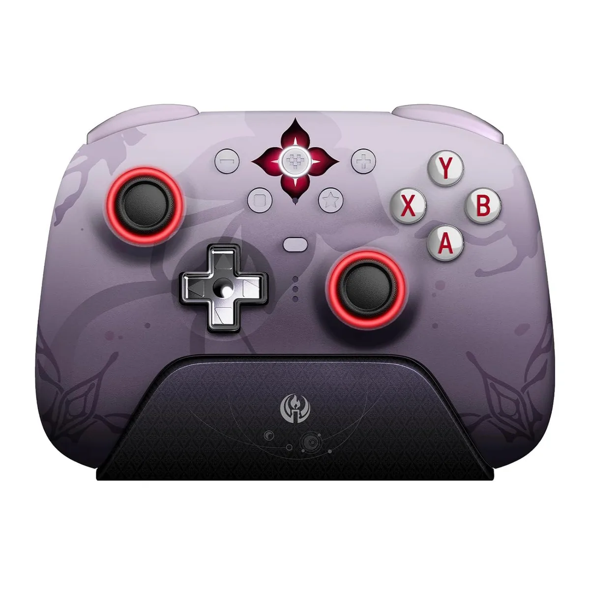 Black wireless gamepad with textured grips, RGB light ring, charging dock, travel case and accessories