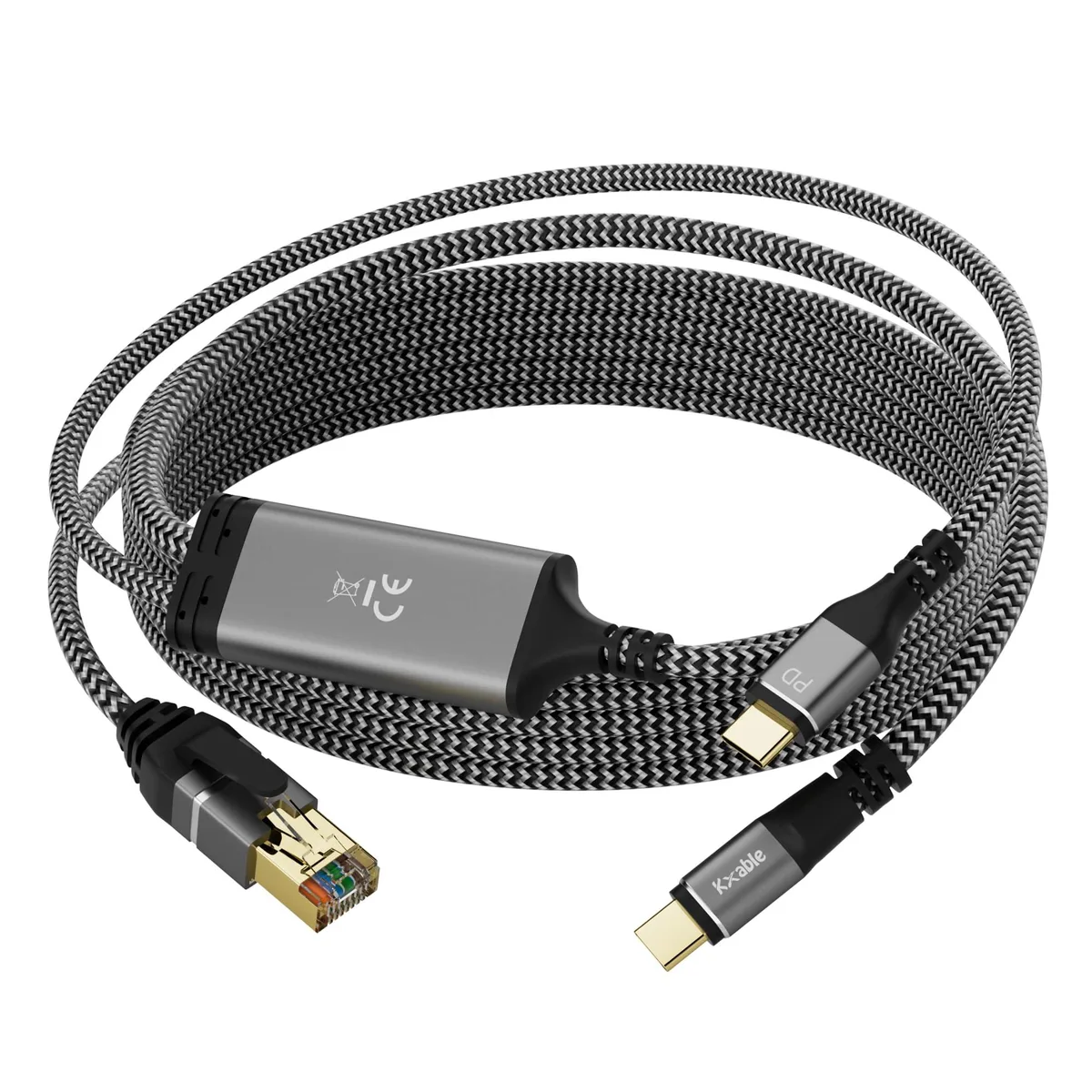 Black 10 ft USB-C to RJ45 cable with inline 100W PD charging port, braided jacket and aluminum connectors