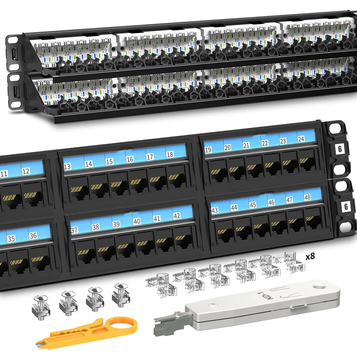BFKK BFKK Industrial Series CAT6 48 Ports Patch Panel 2U 19 inch RJ45 568A 568B 50u Gold Rear Cable Management Bar — product photo