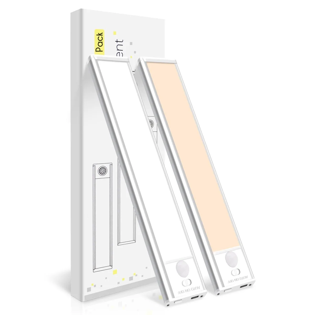 Two silver 8-inch magnetic LED bars with USB-C ports and motion sensors