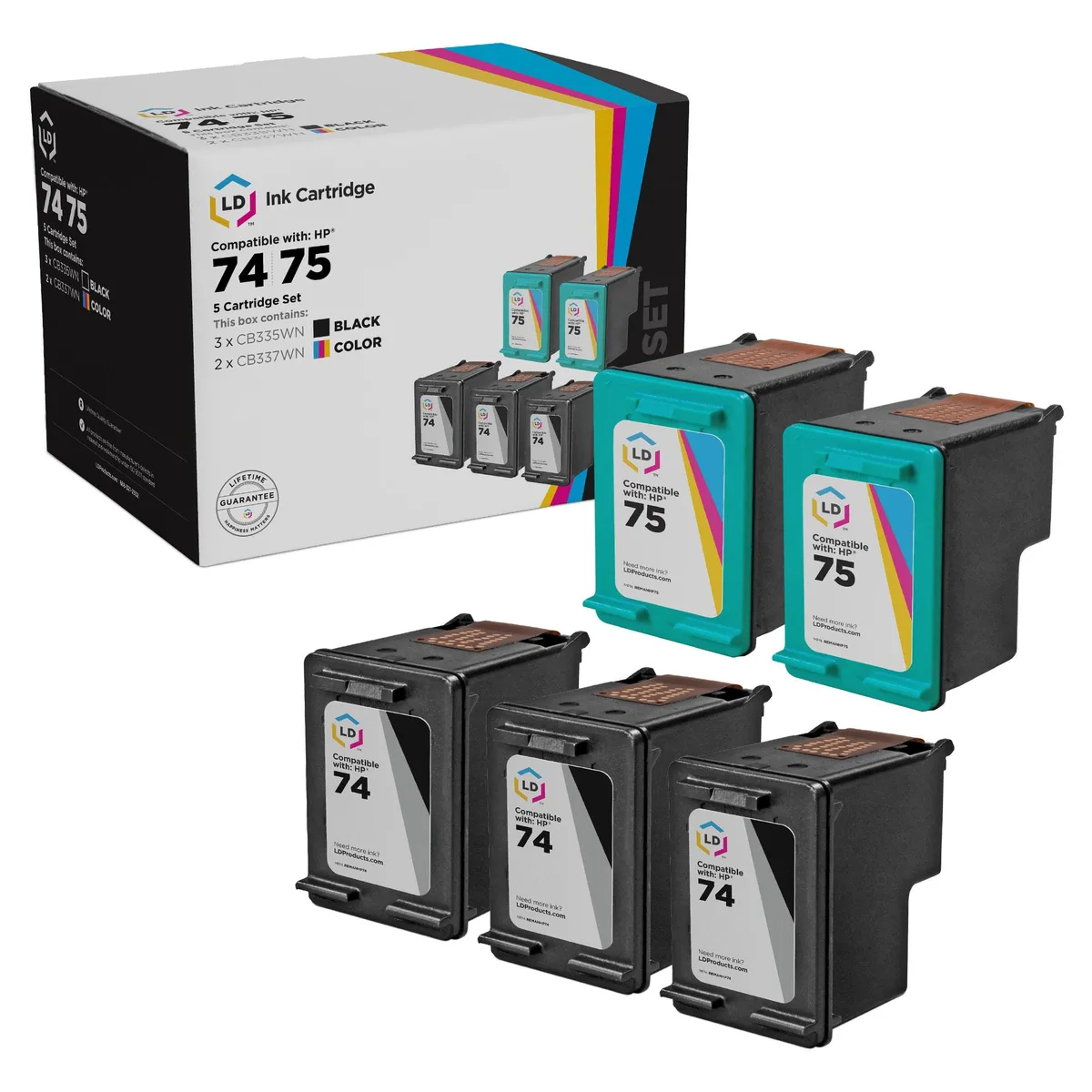 LD Products LD Products HP 74 &amp; 75 Remanufactured Ink Cartridge 5-Pack (3 Black, 2 Color) — product photo