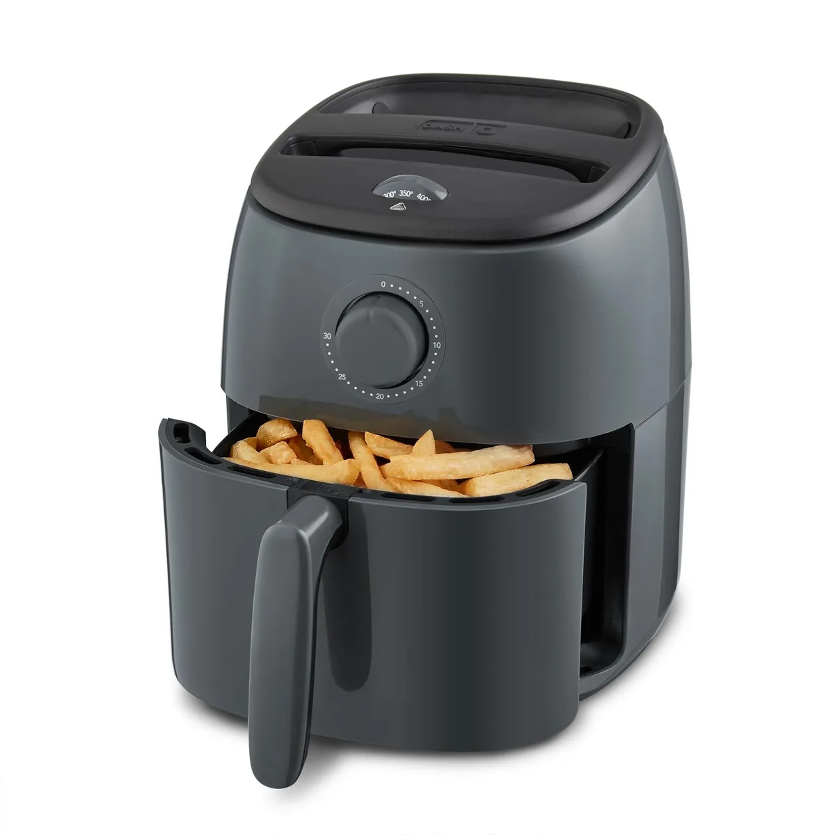 Compact cool grey air fryer with analog dials and top handle