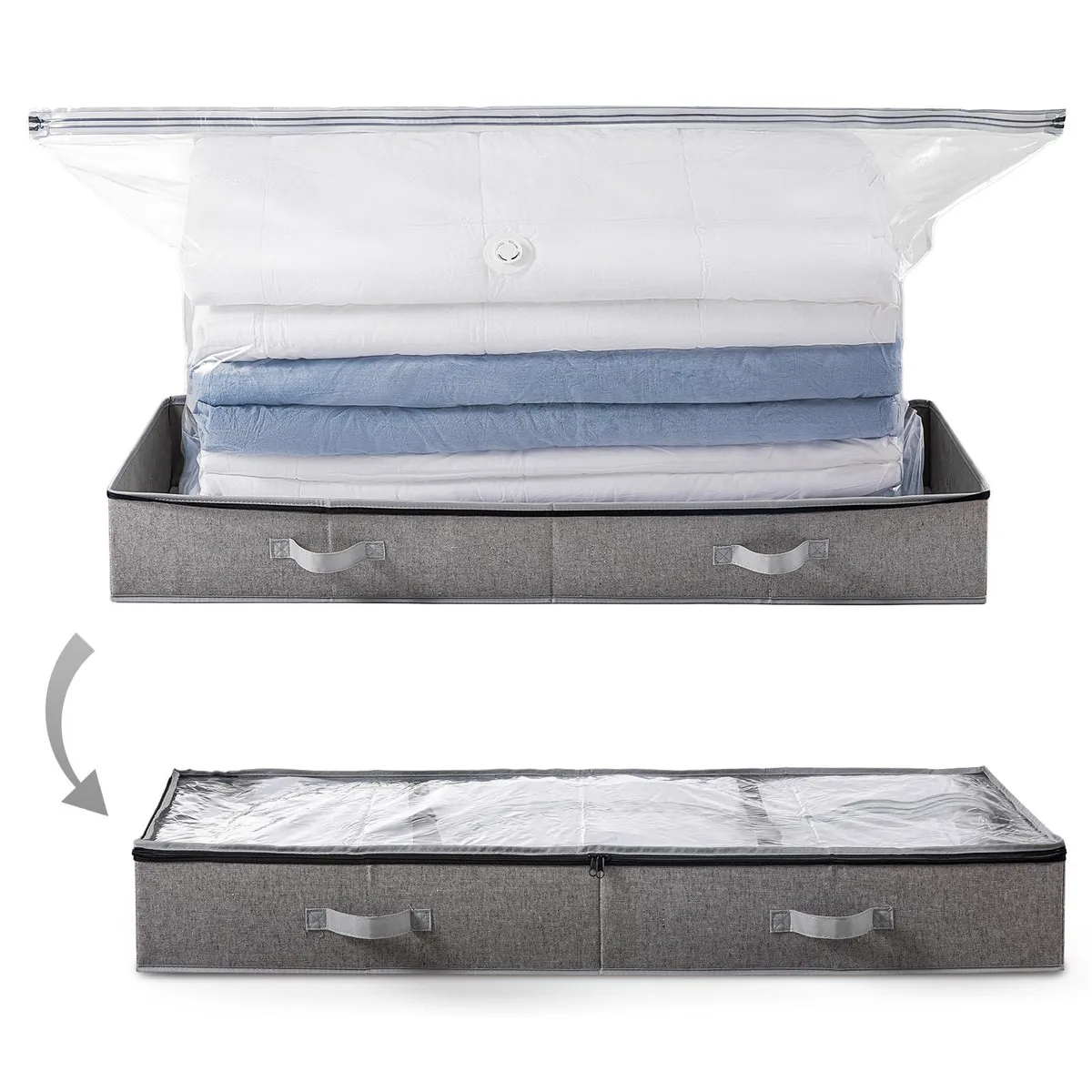 Large rectangular fabric box with transparent top window and double zipper, 41 by 17.7 by 6 inches