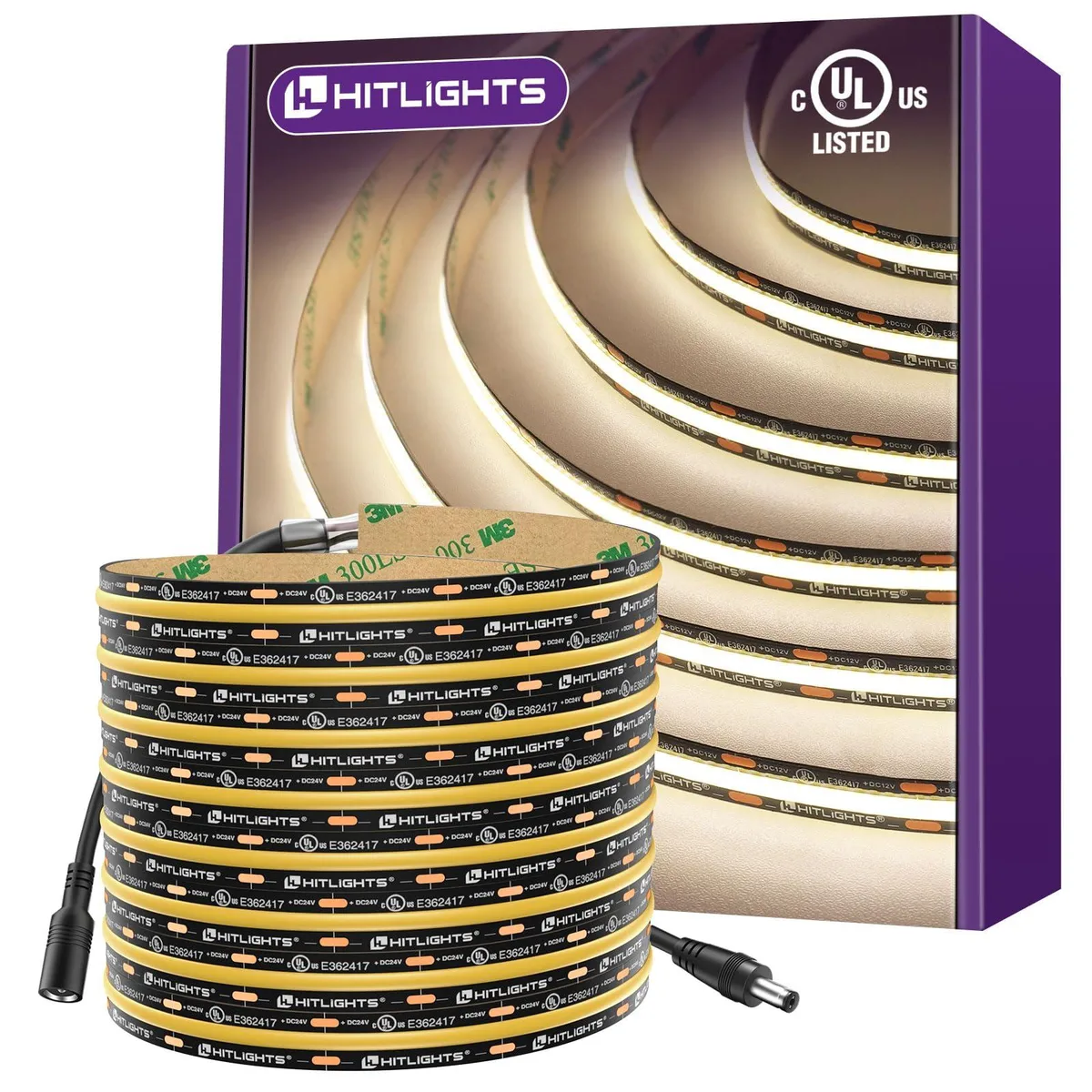 White 16.4ft COB LED strip reel on black background