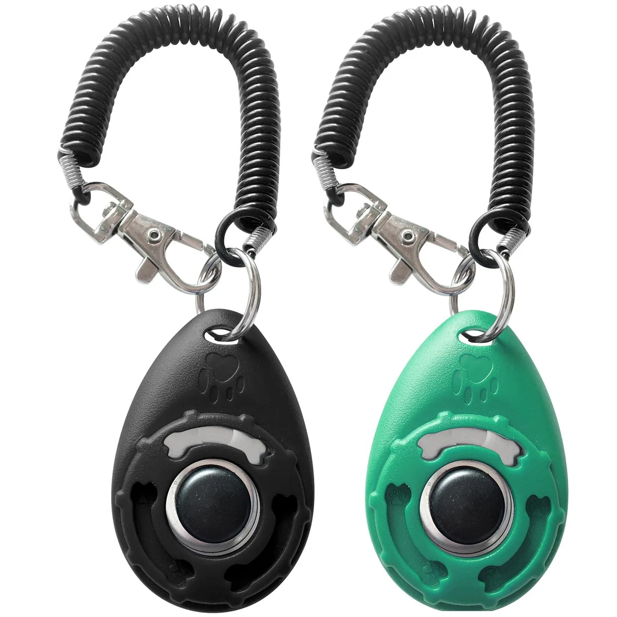 Two small plastic clickers, one lake blue and one black, each with a wrist strap attached