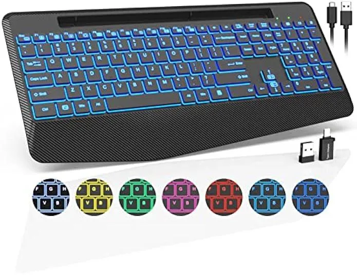 TAURKENAM TAURKENAM Wireless Gaming Keyboard Black Full-size 7 Colors Wrist Rest Phone Holder Rechargeable Silent Keys — product photo