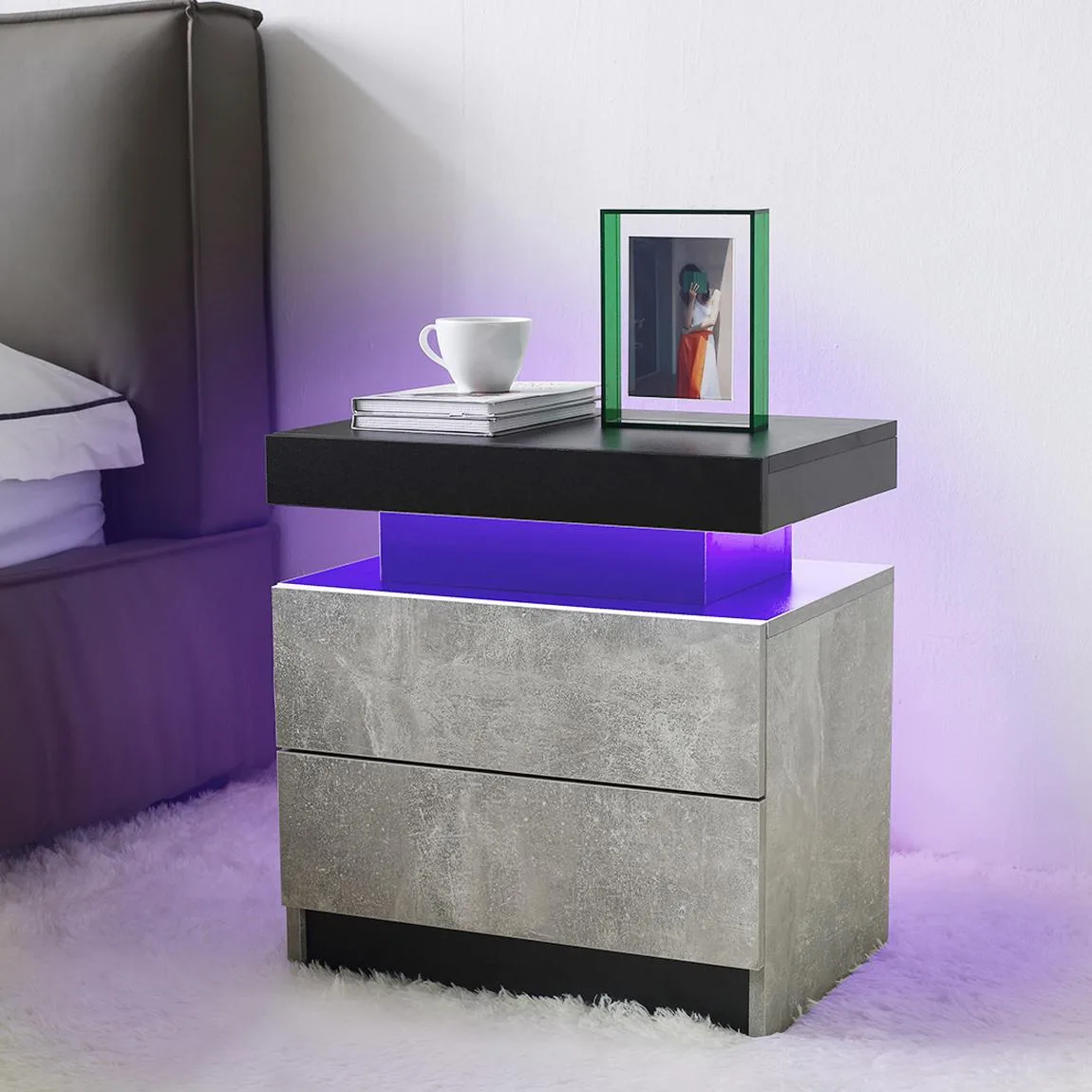 Black and gray nightstand with LED lighting and two drawers