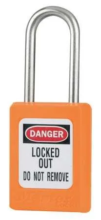 Orange thermoplastic safety padlock with stainless steel shackle, keyed alike, pack of six