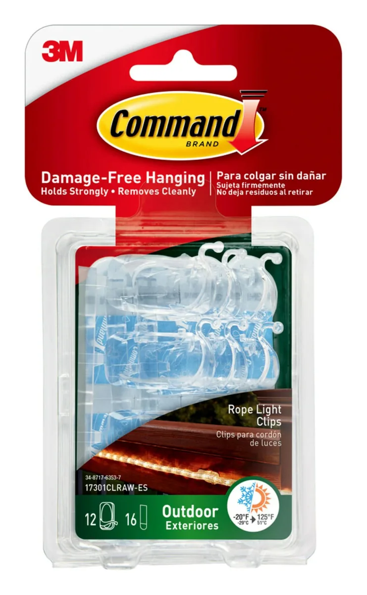 Clear plastic rope light clips with adhesive strips, twelve hooks and sixteen strips