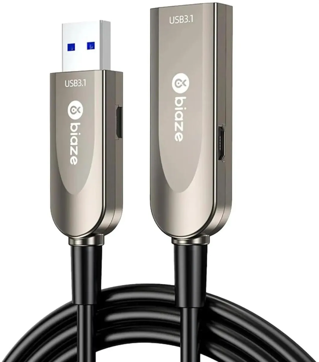Thin black fiber-optic cable with USB-A male and female connectors, 65ft length