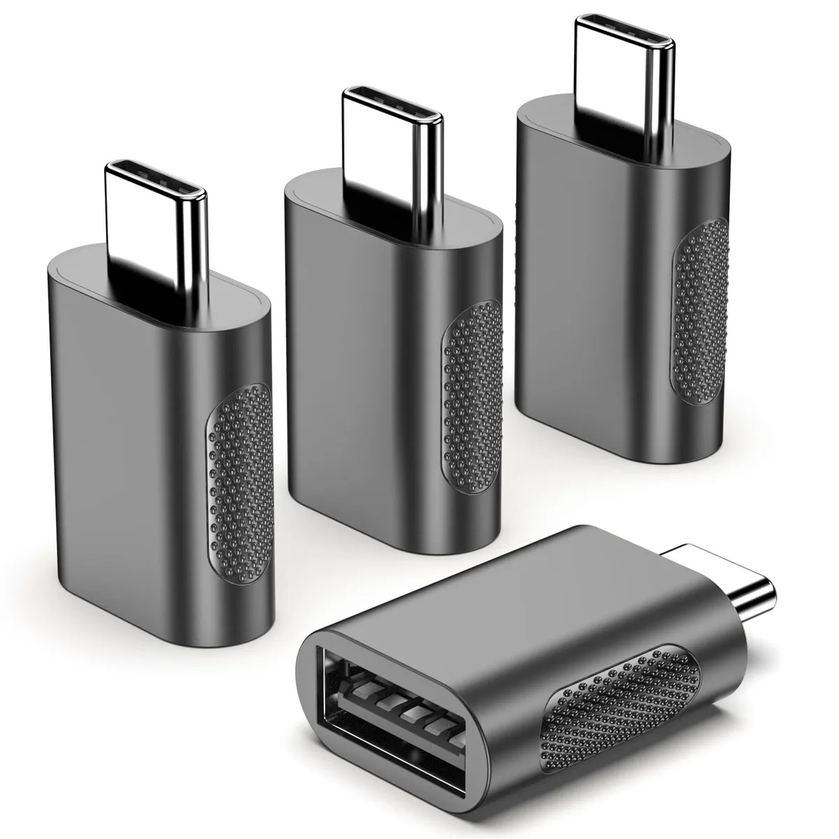 Four black USB-C male to USB-A female adapters in a row