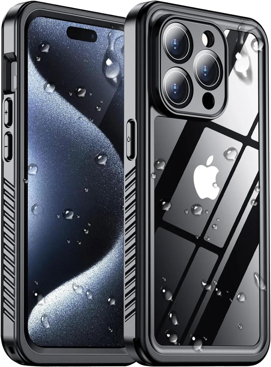 Black waterproof phone case with transparent back and built-in screen protector