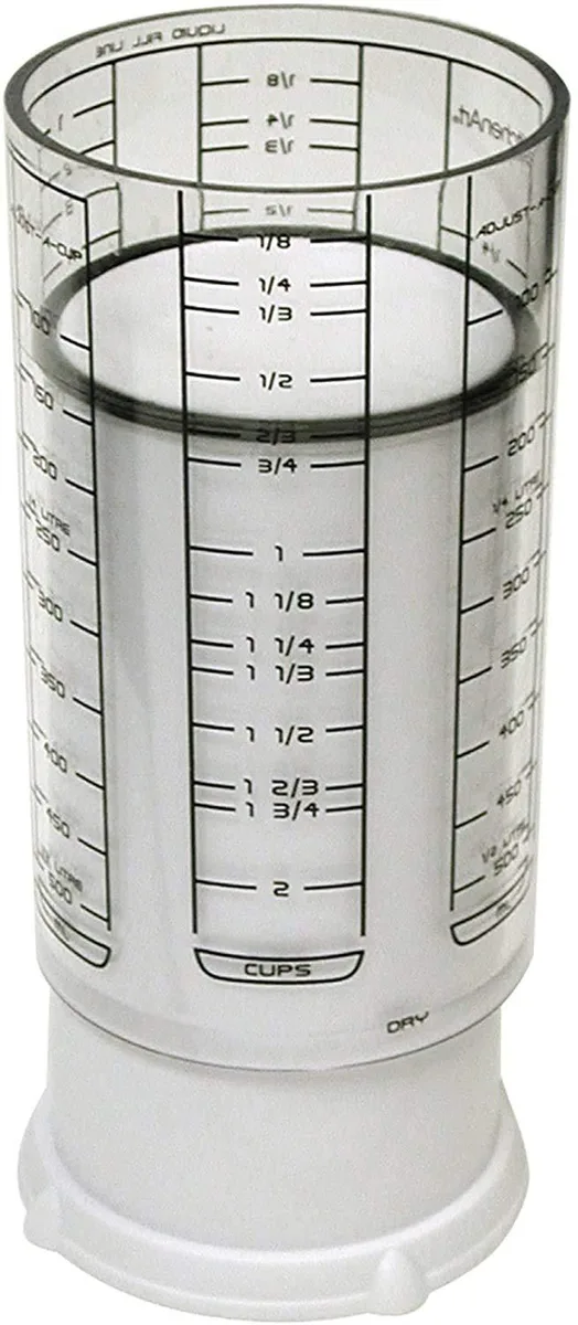 White adjustable measuring cup, clear outer sleeve and inner plunger, 3.25 x 3.25 x 6 inch