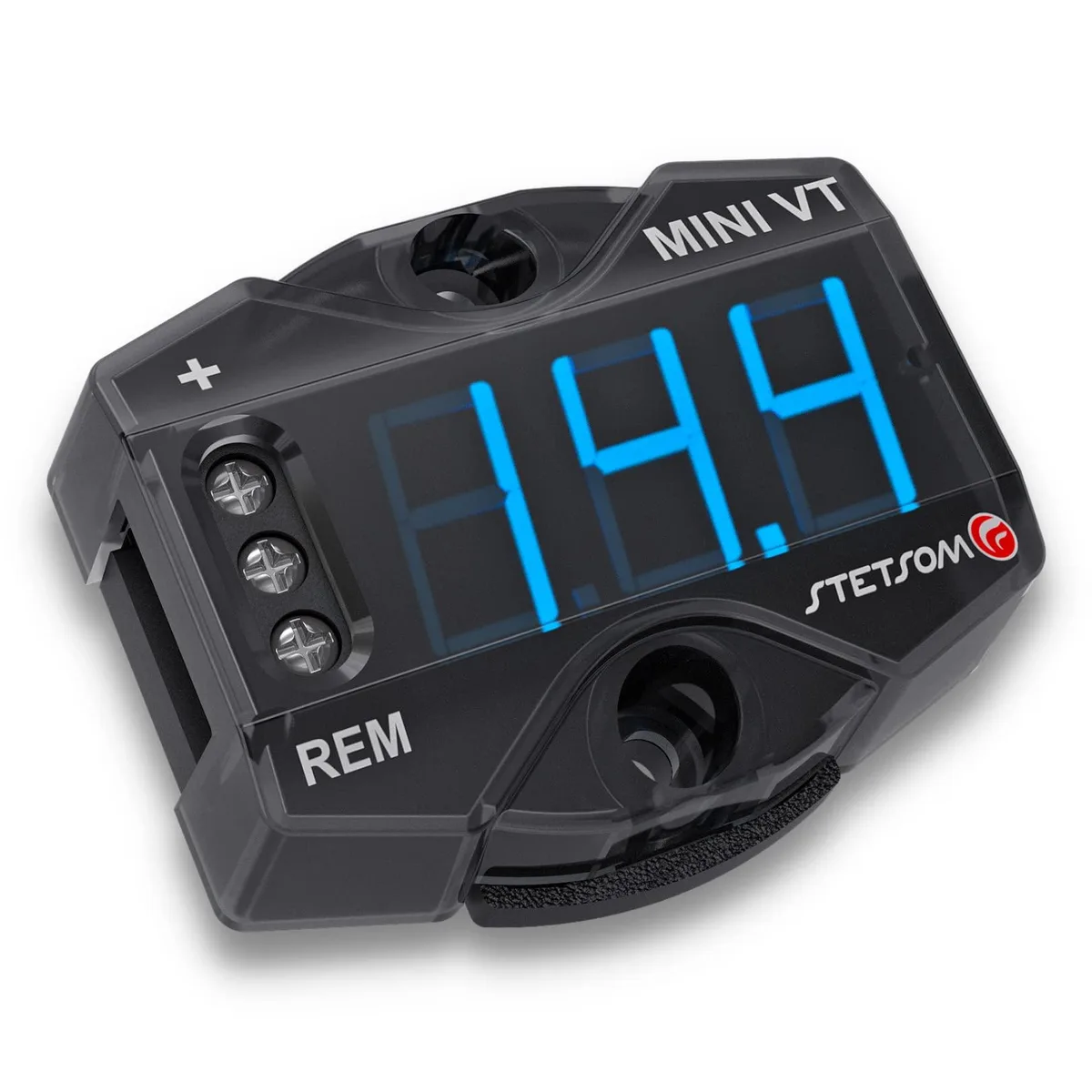 Compact rectangular voltmeter with blue three-digit LED display, dark casing, 2.1 by 1.8 by .7 inches