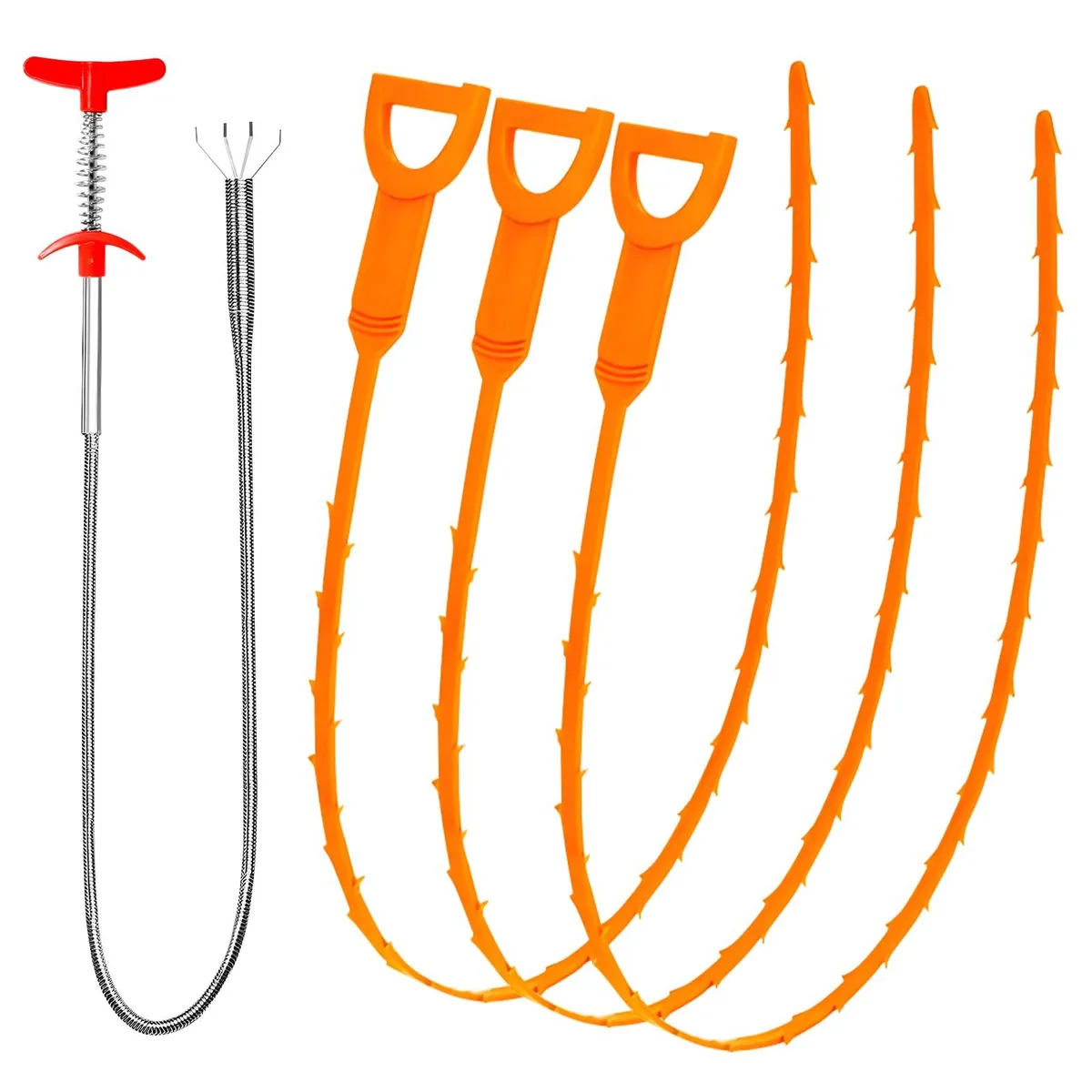 Three white plastic barbed wands and one silver metal claw tool on a light background