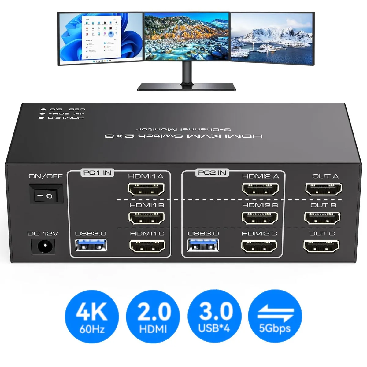 IHDAPP IHDAPP SW231 Triple Monitor HDMI KVM Switch 2 Computers 3 Monitors 4K@60Hz 4 USB 3.0 — product photo