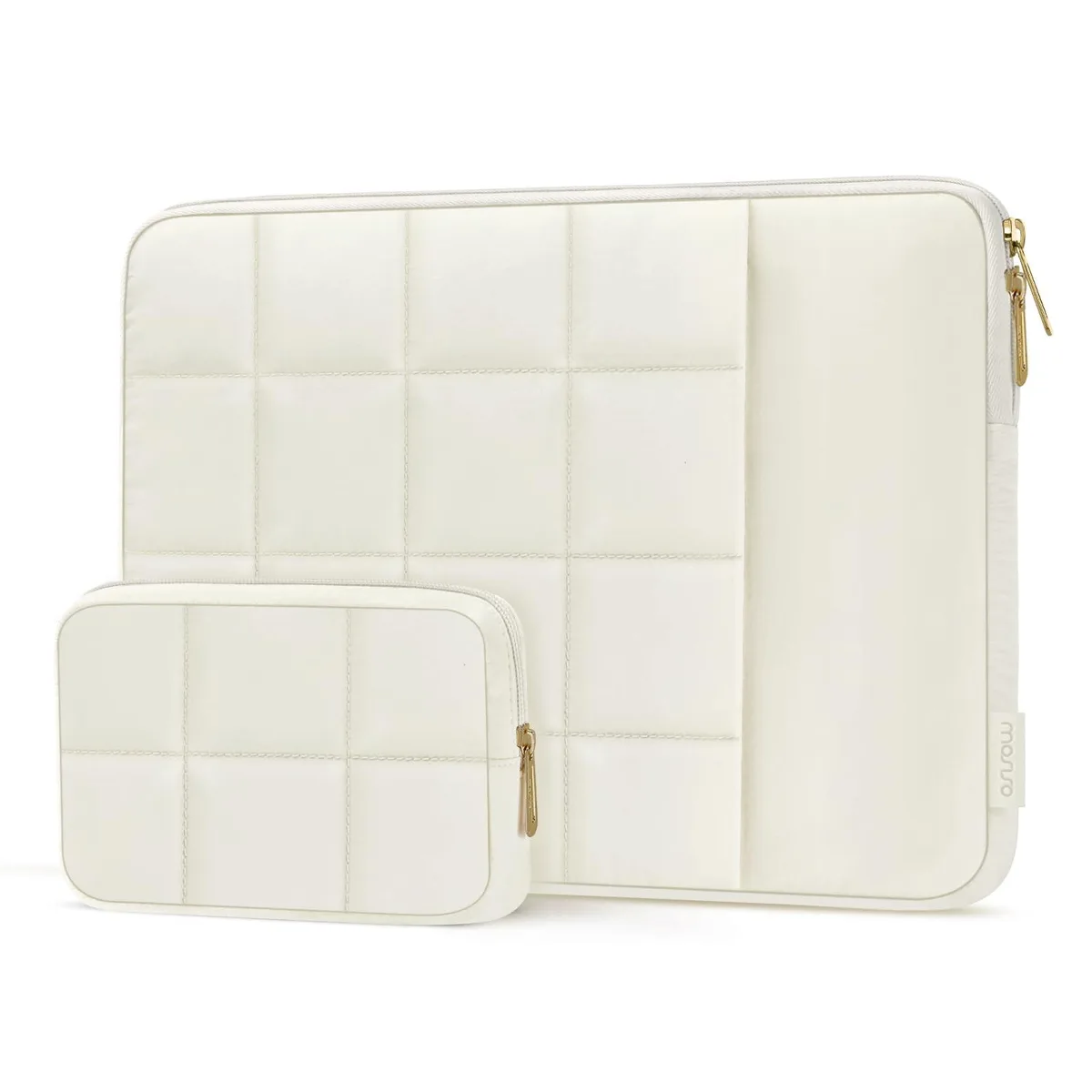 Sand coloured puffy laptop sleeve with square quilting and front pocket