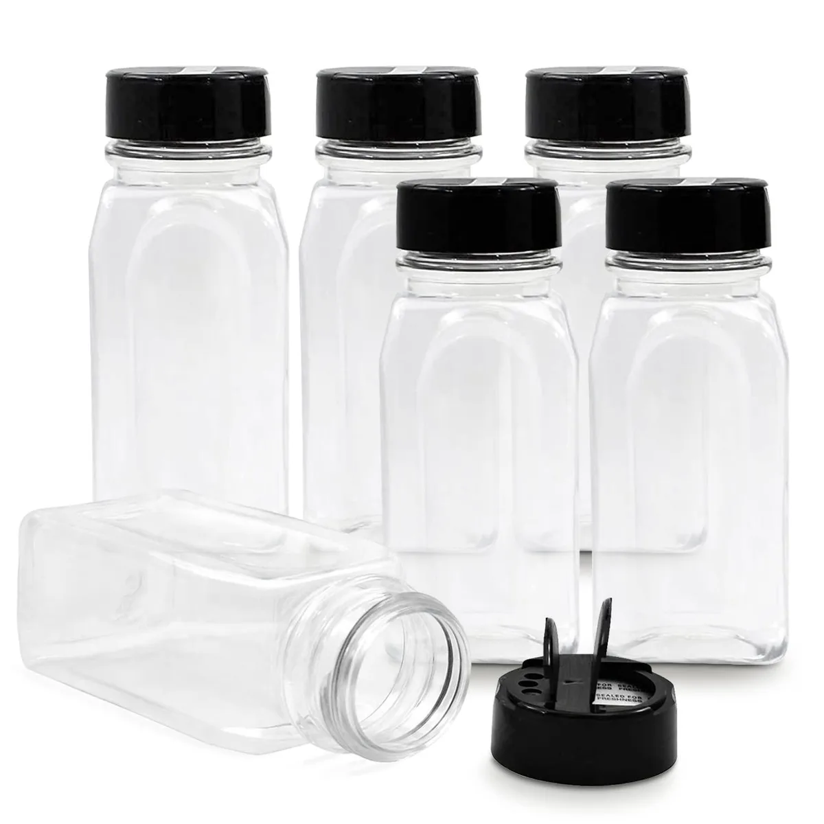 Six clear plastic spice jars with black flip-top caps, red finish, 14 oz each