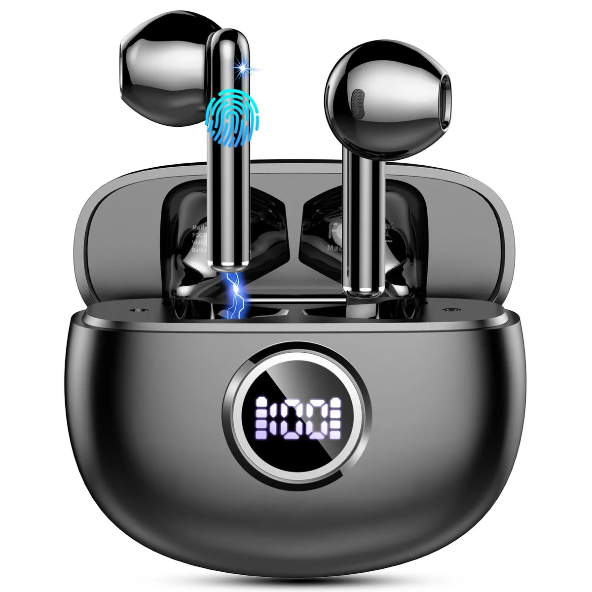 Black in-ear wireless earbuds with compact charging case showing dual LED display