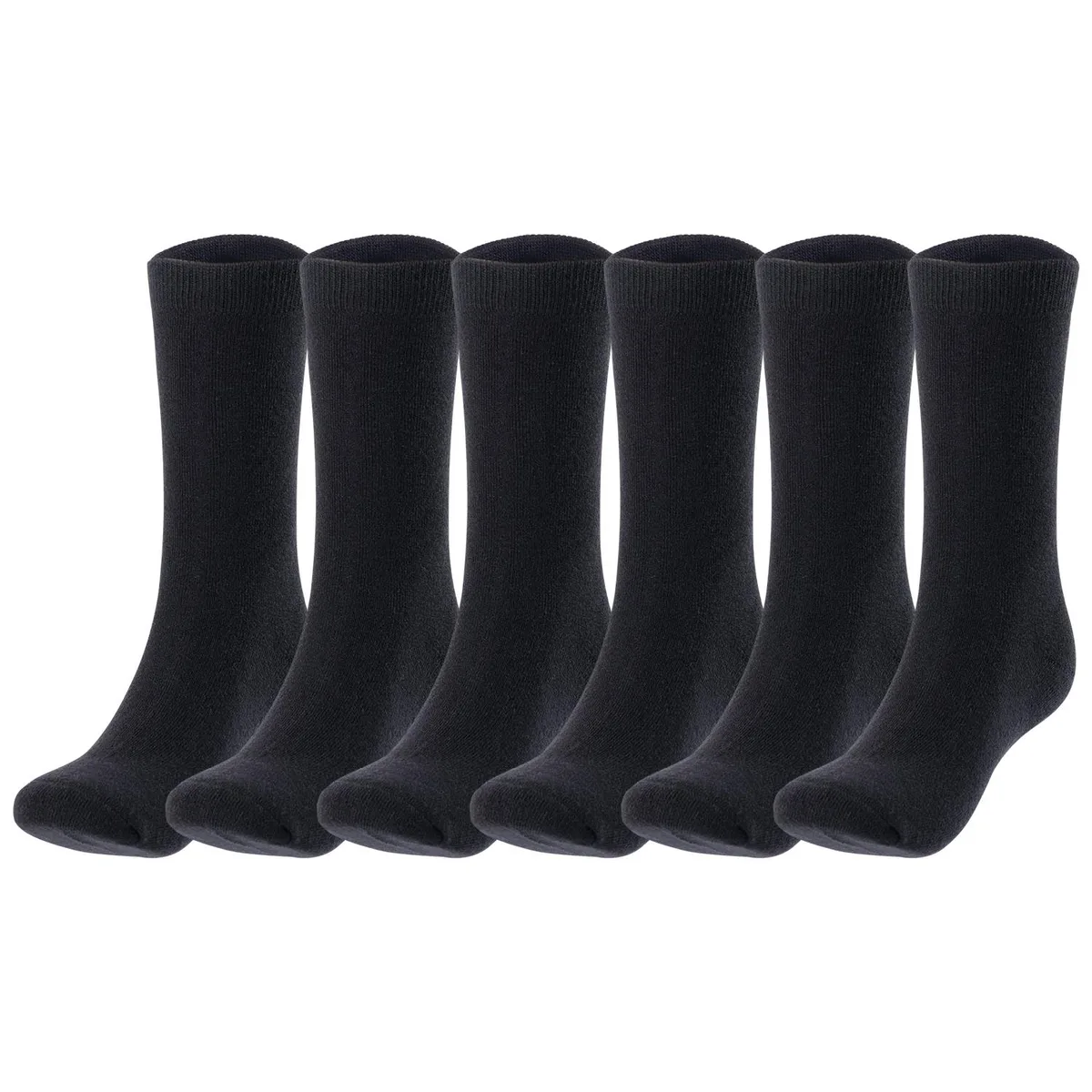 Six pairs of black wool crew socks folded together