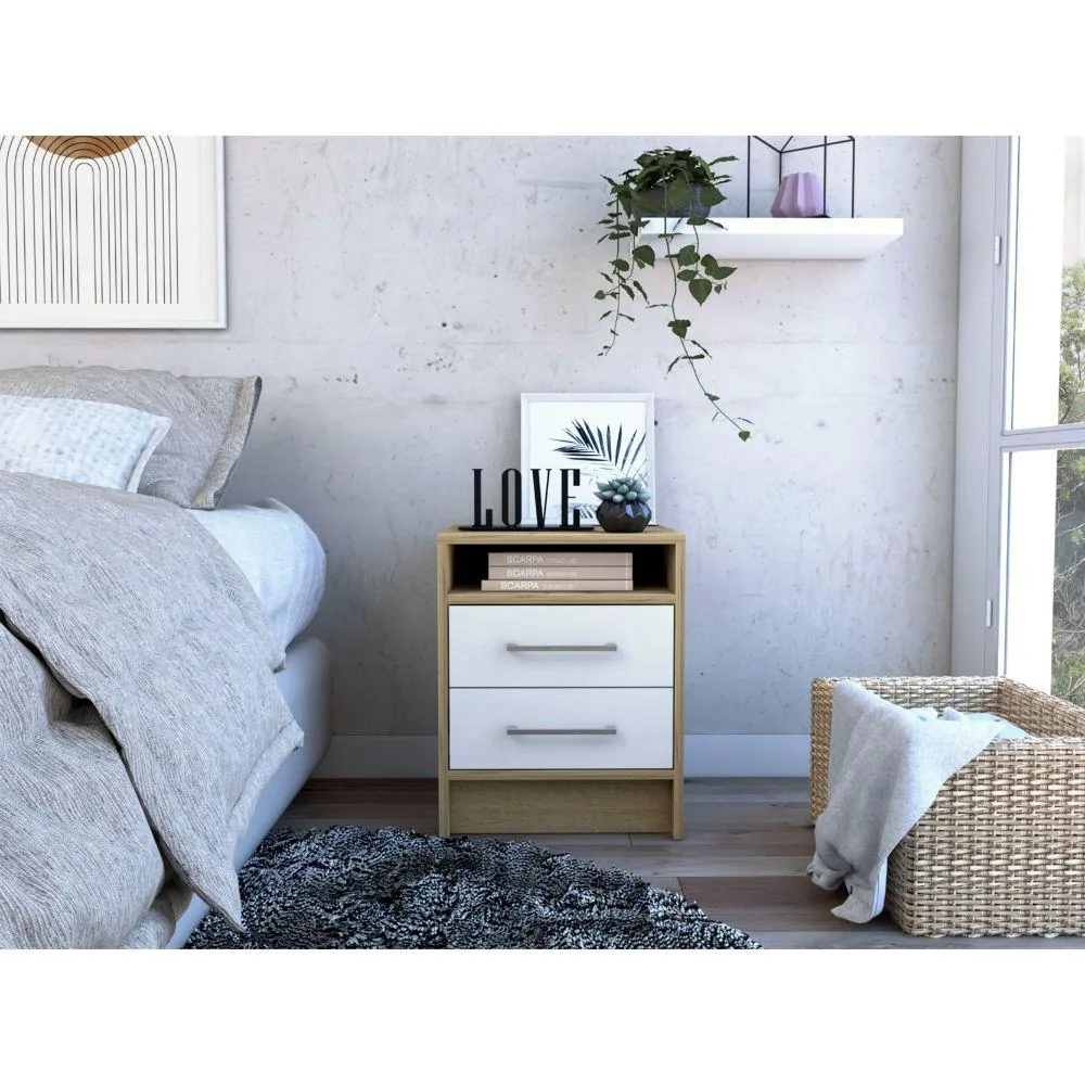 White and light oak nightstand, two drawers, open shelf, metal handles, 19.9 inches high