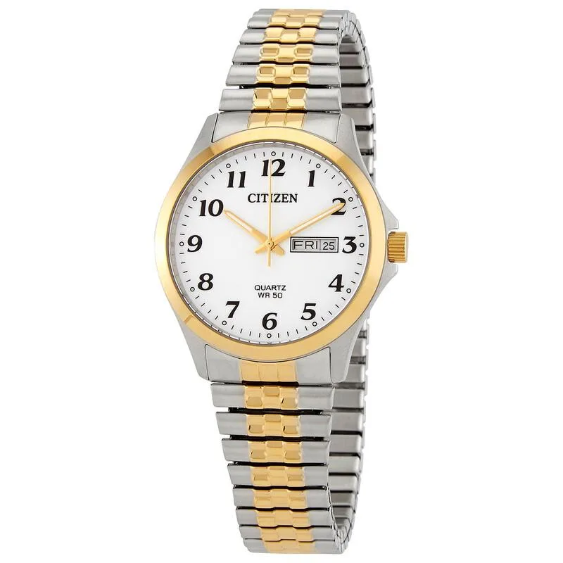 Silver and gold two-tone stainless steel watch with ivory dial and day/date window