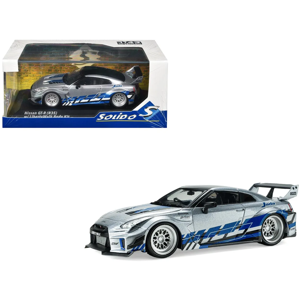 Solido Solido 2020 Nissan GT-R R35 Liberty Walk Silhouette Silver Black Blue 1/43 Diecast — product photo
