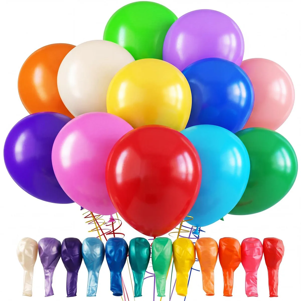 Clear poly bag holding 120 round 12-inch latex balloons in assorted colours