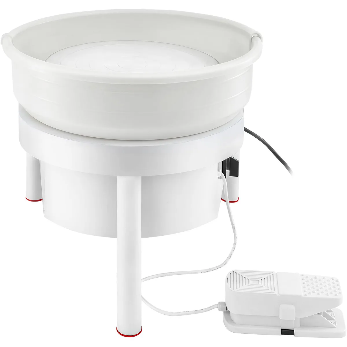 Silver aluminium alloy wheel on grey metal base with foot pedal attached
