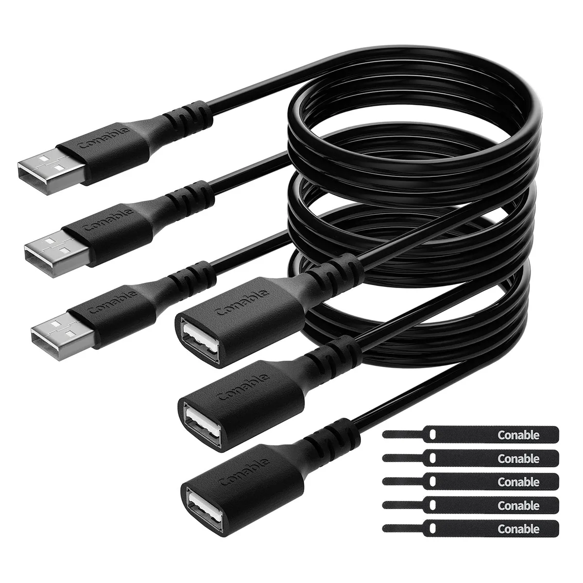 No Sew No Sew USB 2.0 Extension Cable 2 ft 3-Pack Black Male-to-Female with 5 Cable Ties — product photo