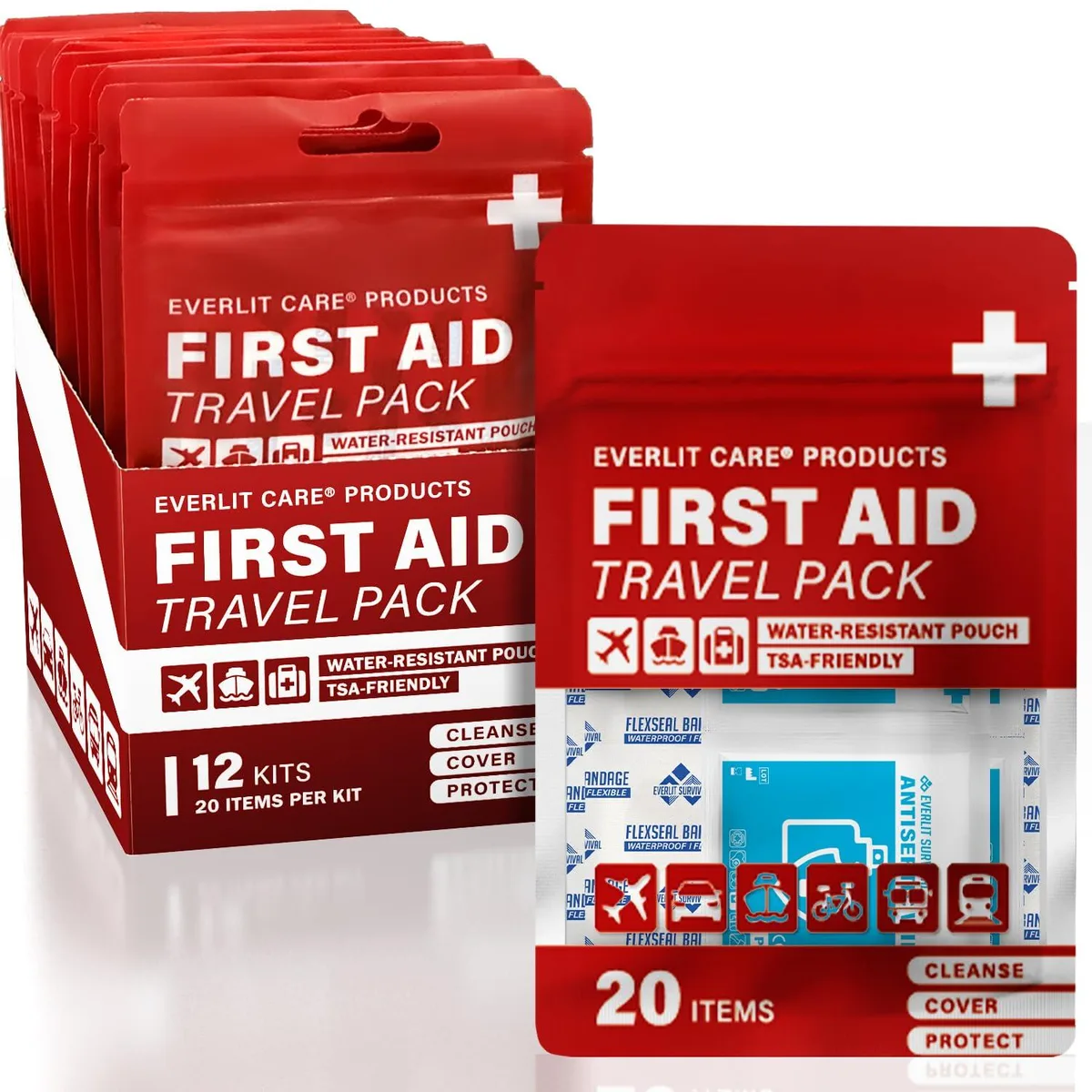 Black compact water-resistant pouch containing 12 individual bandage packets with 20 first aid essentials