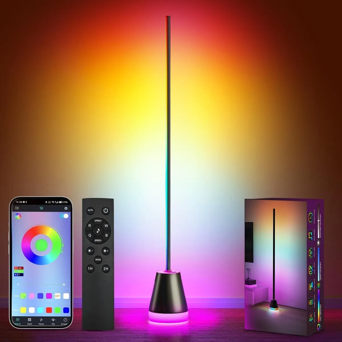 Tall corner floor lamp with vertical LED segments, aluminium finish, heavy base
